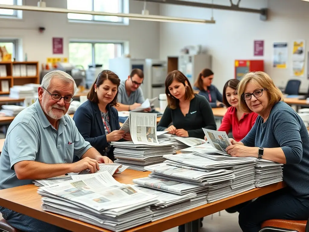 A vibrant photo showcasing volunteers assembling parish newspapers for distribution, highlighting community involvement and teamwork.