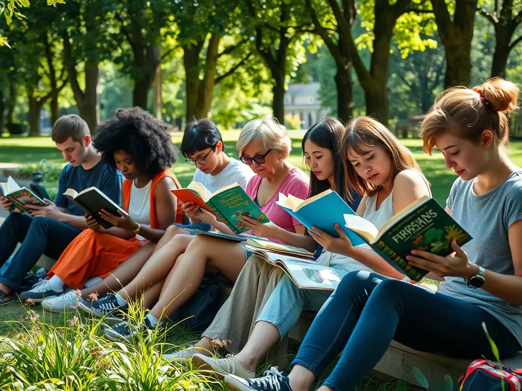 A vibrant photo of community members reading the parish newspaper together in a local park, showcasing the sense of community and engagement.